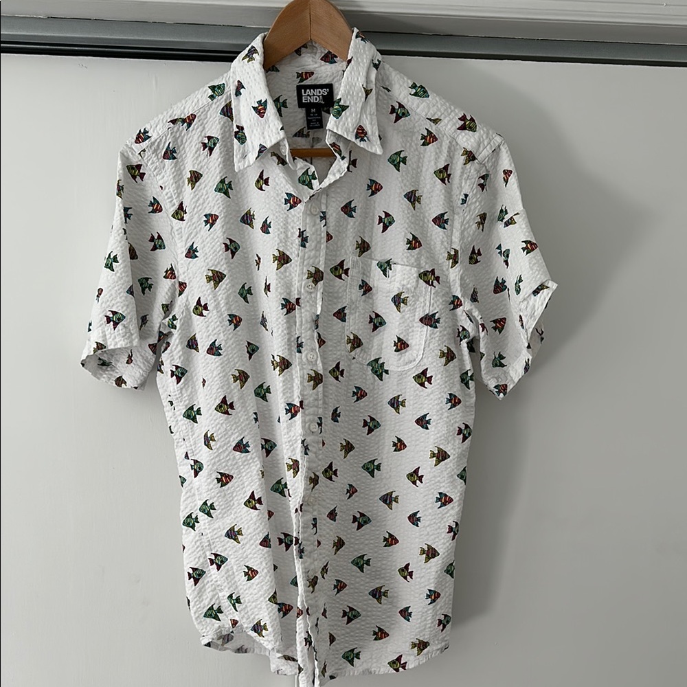 Lands' End White and Blue Casual Button Down Shirt